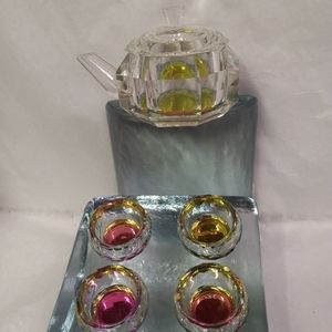 Elegant Crystal Octagon Glass Miniature Tea Set Iridescent Felt Heavy 6 pcs